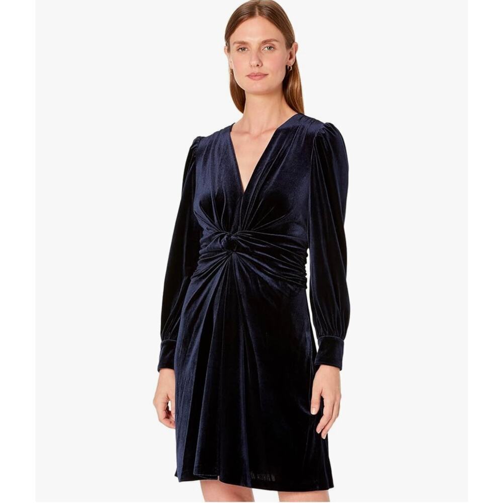 Vince Camuto Navy Blue Velvet Twist Front Long Sleeve Cocktail Party Dress Sz 14